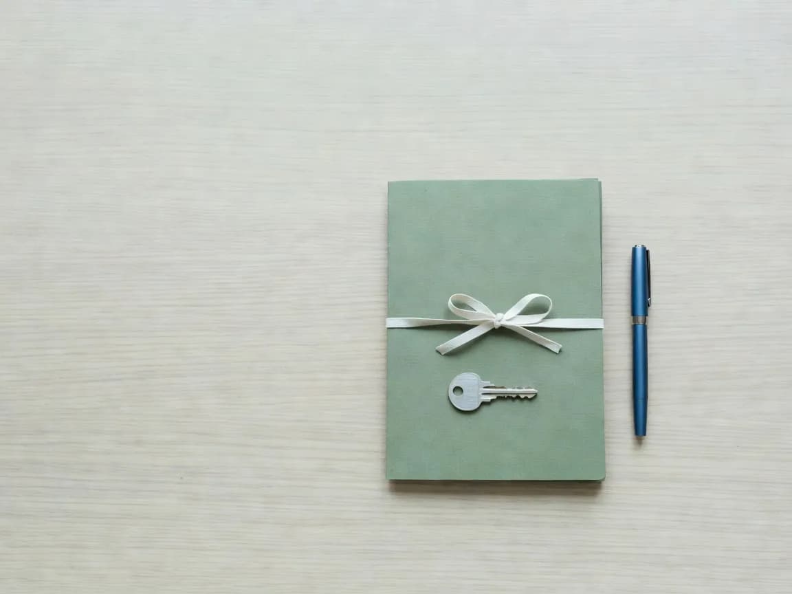 Sage document folder with a steel key and a pen on an oak desk