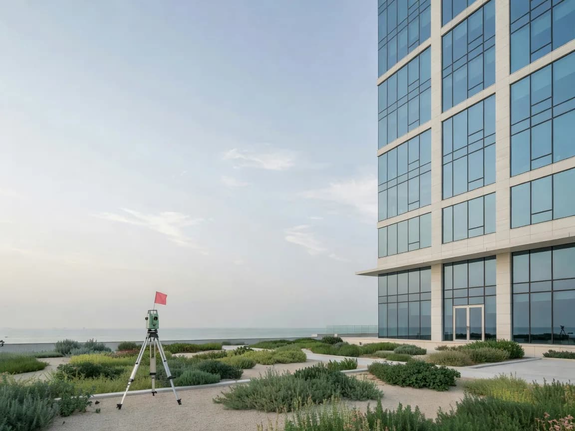 Surveyor tripod on a landscaped podium below a glass residential tower