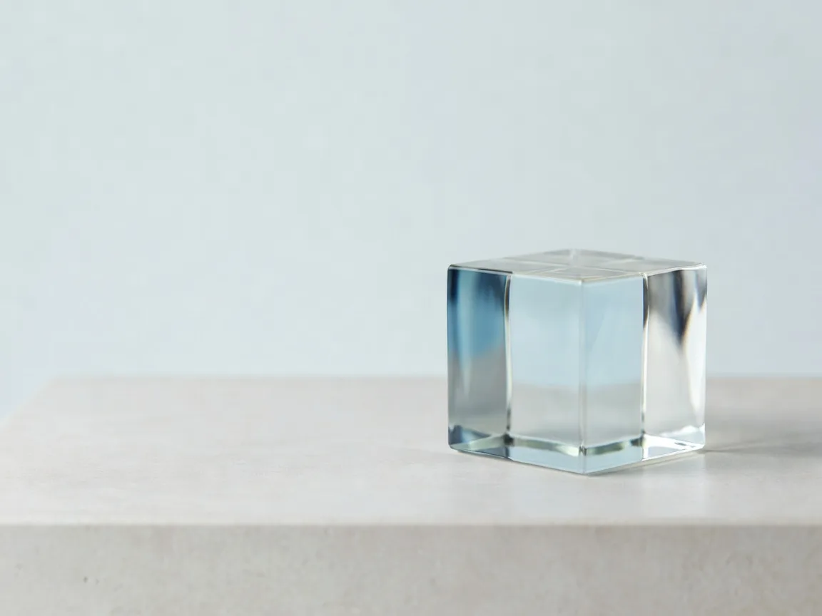Clear glass cube on a pale stone plinth