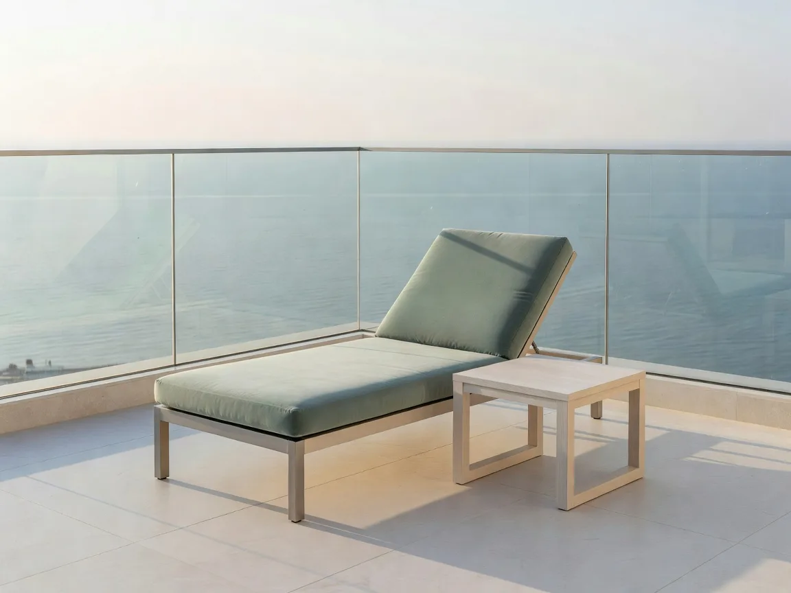 Sunlit private terrace with a lounger and the sea beyond a glass balustrade
