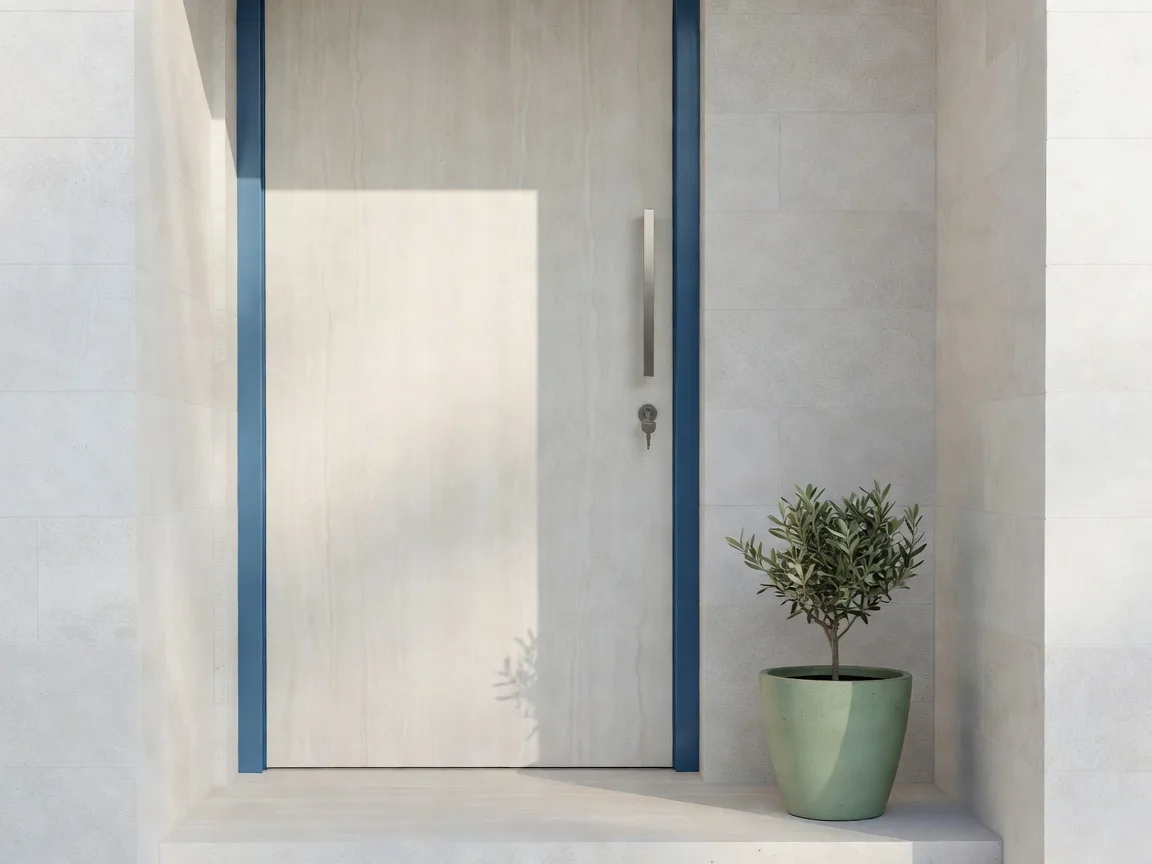 Front door of a pale stone villa with a key in the lock
