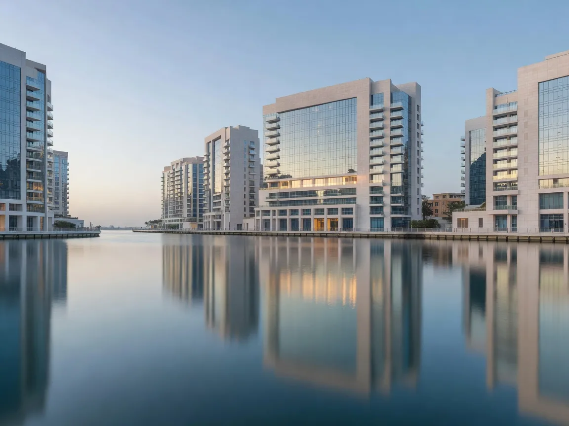 Waterfront towers at blue hour seen across still water
